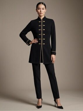 St. John Collection Black Longline Elegant Military Jacket S4 Designer gold dtls